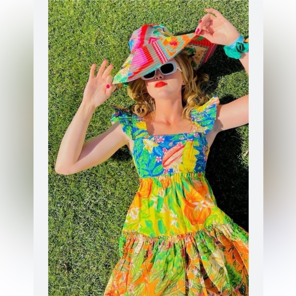 FARM RIO Caipirinha Tiered Printed Ruffle Sleeve Tropical Cotton Mini Dress NWT - Picture 7 of 16